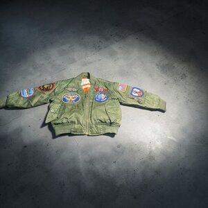 Flightline Kids MA-1 Bomber Jacket Military Patch Olive Green Orange Lining Size